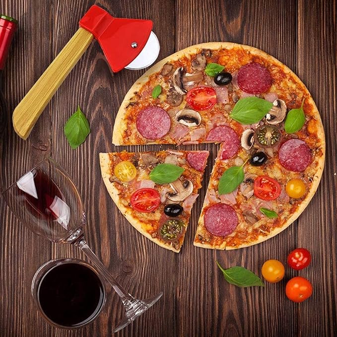 Funny & Cool Axe Pizza Cutter - Unique Men Dad Tool With Steel Сircular Saw, Plastic Cover for Wheel Blade Knife & Bamboo Handle - Cute Kitchen Gadgets Nonstick Stuff Slicer Accessories