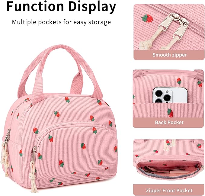 Lunch Bag Women Lunch Box for Women Adult Cute Insulated Lunch Bag Small Cooler Lunch Tote Bags for Work Picnic Travel (Pink-Strawberry)