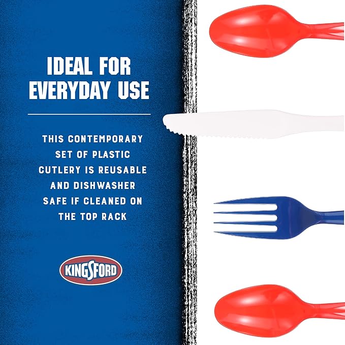 Kingsford Assorted Plastic Cutlery Set, Full Size Disposable Forks Knives & Spoons, Heavy Duty Reusable Dishwasher Safe Utensils for BBQ, Picnics, Parties & Daily Meals, Red White Blue, 75 Count