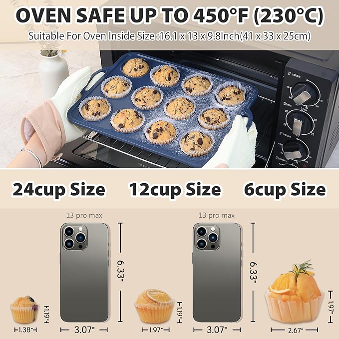 2 Pack Silicone Muffin Pan 12 and 24 Cup with Metal Frame,Non Stick Silicone Mini Cupcake Pan with Handles, BPA Free Silicon Regular Muffin Tin Tray Small for baking, egg bites, Mold Grey
