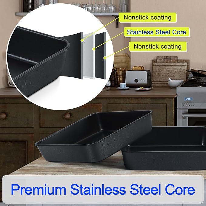 E-far 8x8 Inch Square Baking Pan with Lid Set, Nonstick Square Cake Pans Metal Bakeware for Oven Cooking Lasagna Brownies, Stainless Steel Core & Easy Release, 2 Pieces(1 Pan+1 Cover)