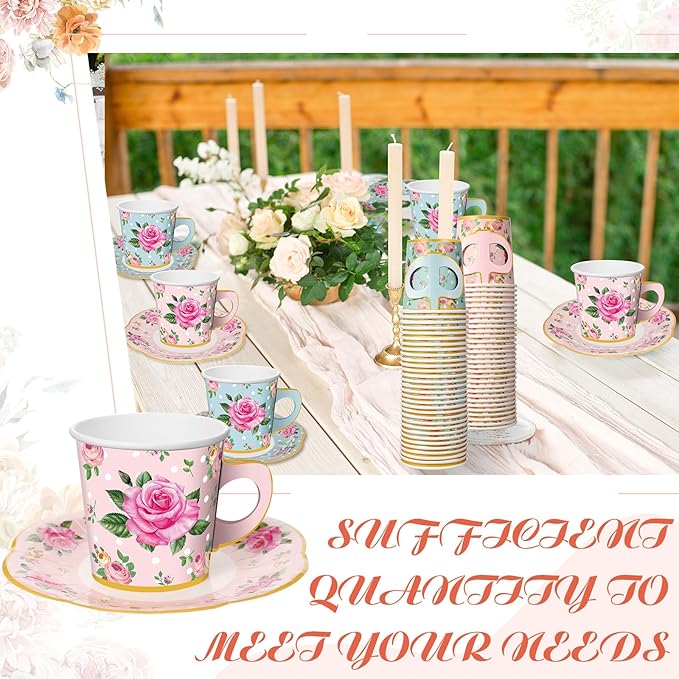 Umigy 60 Sets Spring Tea Party Decorations 6.5 oz Floral Paper Teacups & Saucer Set for Girls Women Afternoon Tea Parties Mothers Day Bridal Shower Wedding Birthday Party Decorations(Pink Blue)