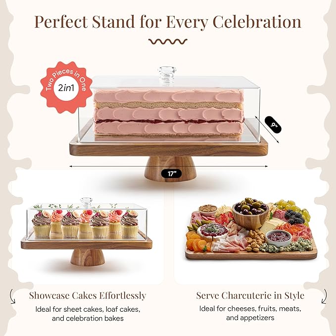 Acacia Wood Cake Stand with Lid - Rectangular Cake Holder, 2-in-1 Dessert Table Display Set & Charcuterie Board for Cheese, Chips, Fruit Platter, Large Acrylic Cake Dome Cover, No Glass
