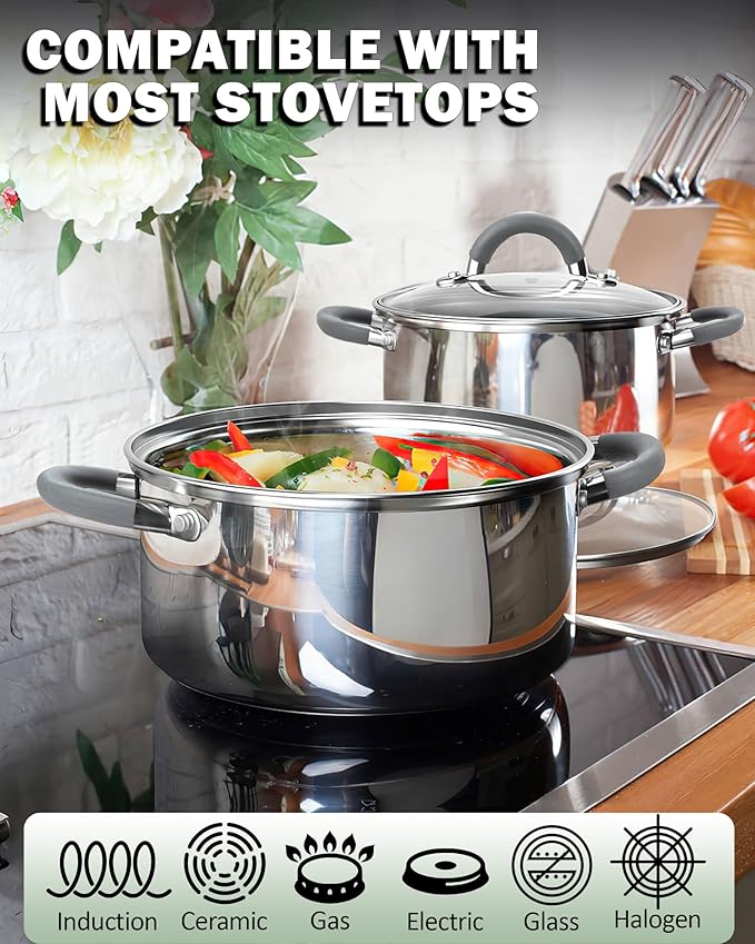 Cook N Home 3-Quart Stainless Steel Pot, Small Stock Pot with Glass Lid, Basics Saucier Casserole Stockpot, Stay-Cool Silicone Handles