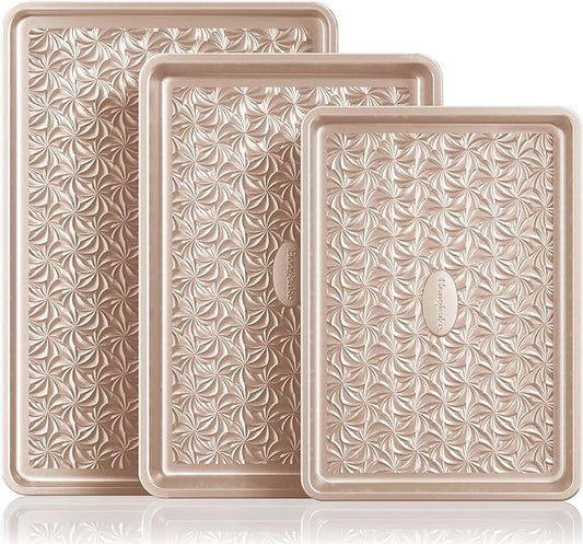 HONGBAKE Nonstick Baking Sheet Pan Set of 3, Cookie Sheets for Oven, Non-Toxic Half/Quarter/Jelly Roll Pans with Floral Swirl Texture, Heavy Duty 0.8mm Thick Oven Trays for Cooking, Champagne Gold