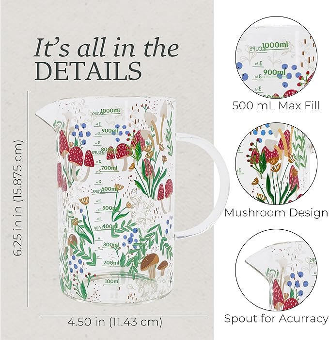 Steel Mill & Co Mushroom Measuring Cup for Liquid, Glass Beaker, Cottagecore/Hippie/Fairycore Kitchen Accessories, Mushroom (1000mL)