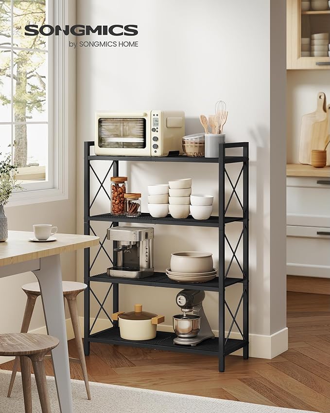 SONGMICS 4-Tier Metal Storage Rack, Shelving Unit with X Side Frames, Dense Mesh, 12.6 x 31.5 x 44.3 Inches, for Entryway, Kitchen, Living Room, Bathroom, Industrial Style, Ink Black UBSC184B01