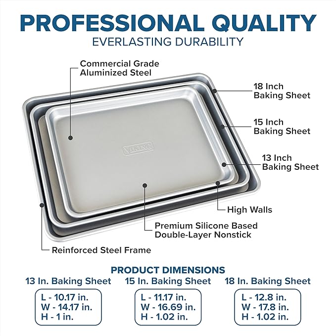 Viking Premium 3-Piece Nonstick Baking Sheet Pan Set, Made without PFAS, Heavy Gauge Aluminized Steel Cookie Sheets with Reinforced Iron Frame, 13, 15 & 18-Inch, Oven Safe to 475F