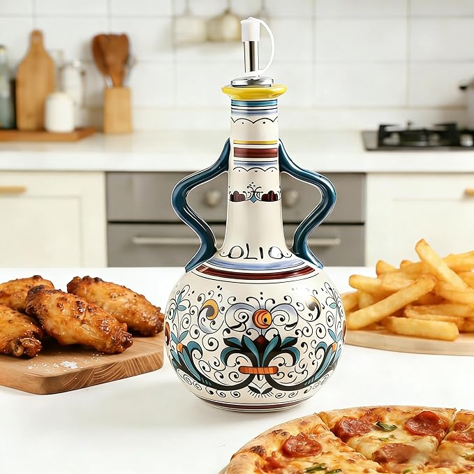 Ceramic Olive Oil Dispenser Bottle 23oz, Hand Painted Olive Oil Bottles, Decorative Stoneware Olive Oil Cruet for Kitchen with Stainless Steel Spout for Oils, Sauces, Vinegar (B)