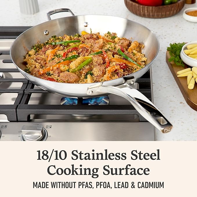 Calphalon Premier Polished 5-Ply Stainless Steel Cookware w/Turbo Heat Tech 13" Wok, Induction, Oven Safe 500F, PFOA Free, Polished Stainless Silver