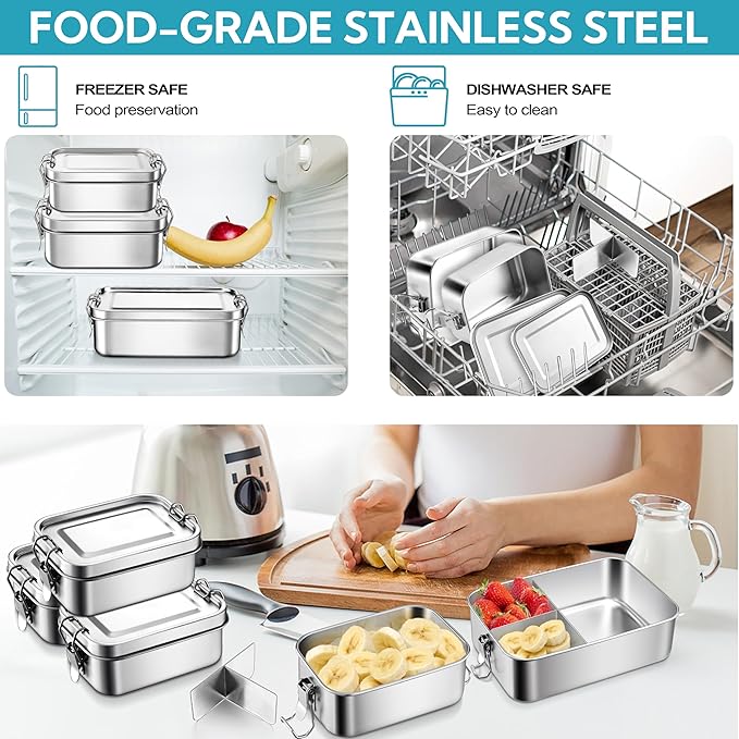 E-far Stainless Steel Lunch Box, 49oz Metal Bento Box Lunchbox w/Leak Proof Lid, 1400ml Medium Food Container w/Removable Divider & Bag, Reusable 3-Compartment Bento Lunch Container for Camping Picnic