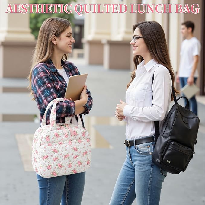Quilted Lunch Box for Women,Coquette Aesthetic Lunch Box for Teen Girls,Cute Floral Lunch Bags for Work, School,Office,Picnic,Travel (Big Pink Floral)