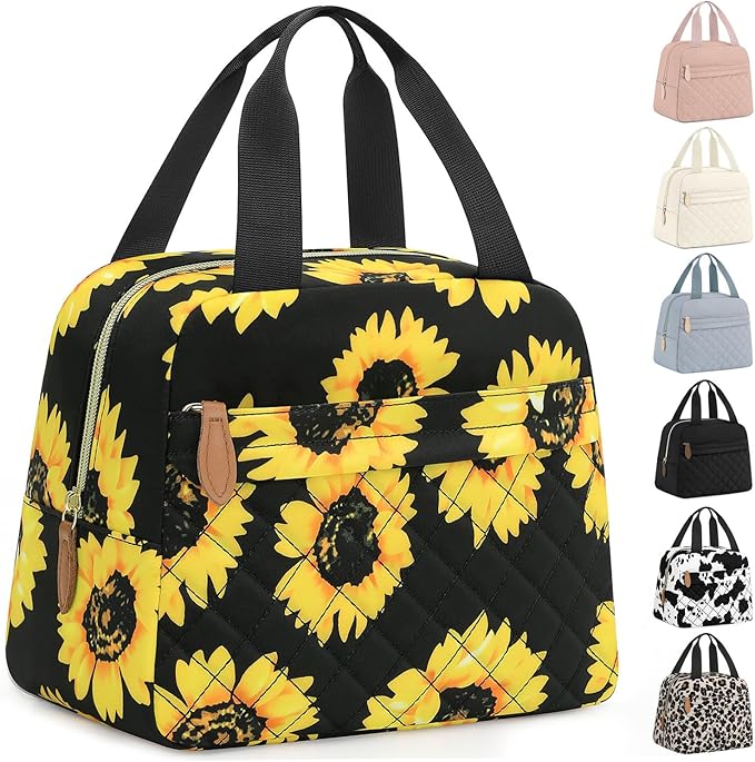Insulated Lunch Bag for Women, Portable Lightweight Lunch Box for Adults, Reusable Small Lunch Tote Cooler Bags with Front Zipper Pocket for Work School Picnic(Sunflower)