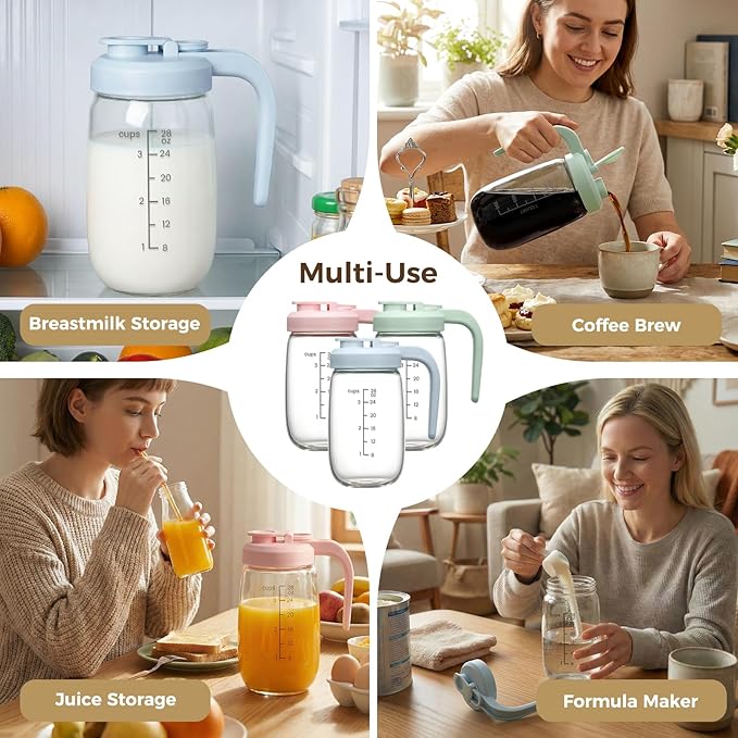 Breast Milk Pitcher 32 OZ, Heat & Cold Resistant, Sudden Temperature Safe, Fast Baby Formula Maker with Wide Mouth, No Leak Borosilicate Glass Fridge Storage Container for Juice, Cold Brew-Green