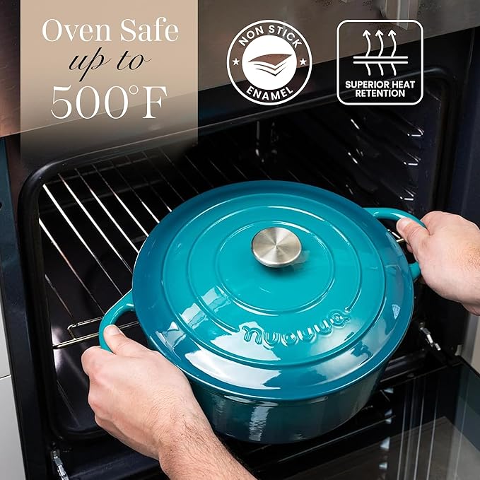 Cast Iron Dutch Oven with Lid – Non-Stick Ovenproof Enamelled Casserole Pot – Sturdy Dutch Oven Cookware – Teal, 3.1-Quart, 22cm – by Nuovva