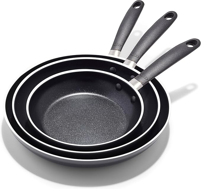 OXO Non-Stick Every Day Frying Pan Set, BPA-Free Comfort Grip Silicone Handles, Dishwasher & Oven Safe, PFAS-Free Ceramic Skillets, Black, 8”, 10” & 12”