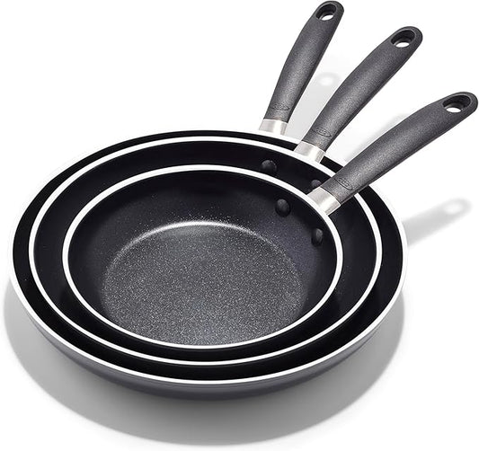 OXO Non-Stick Every Day Frying Pan Set, BPA-Free Comfort Grip Silicone Handles, Dishwasher & Oven Safe, PFAS-Free Ceramic Skillets, Black, 8”, 10” & 12”
