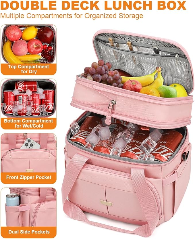 Lunch Box For Men Women Double Deck Insulated Lunch Bag For Men Woman Leakproof Expandable Cooler Bag with Adjustable Shoulder Strap for Kids Shool Work Picnic Camping(Pink,Large)