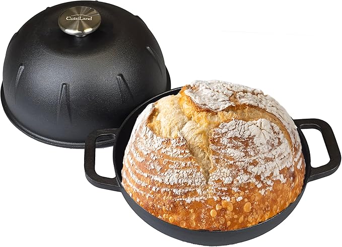 Cuisiland Pre-seasoned Heavy Duty Cast Iron Bread Cloche – Dome Lid Dutch Oven for Artisan Sourdough Baking – Heat-Retaining, Bakeware for Crispy Crust & Even Baking – Oven Safe (Black)