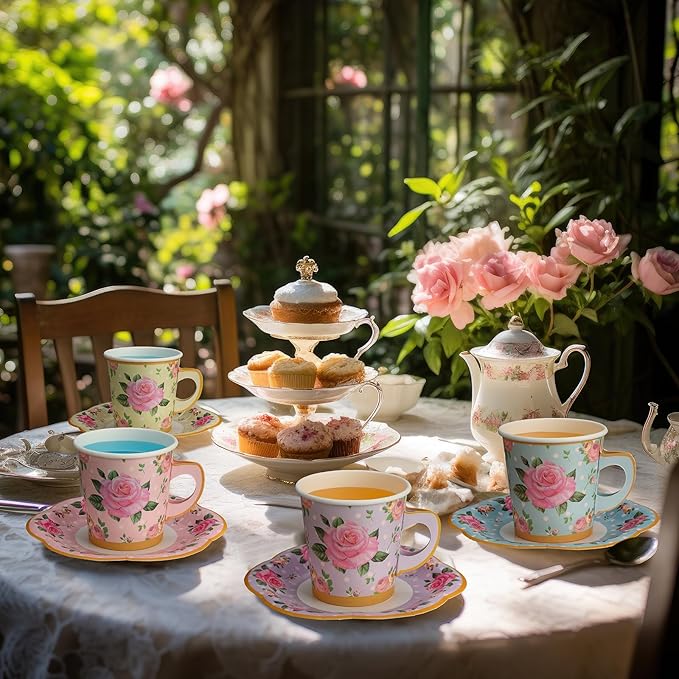 Umigy 60 Sets Spring Tea Party Decorations 6.5 oz Floral Paper Teacups & Saucer Set for Girls Women Afternoon Tea Parties Mothers Day Bridal Shower Wedding Birthday Party Decorations(Mixed Color)