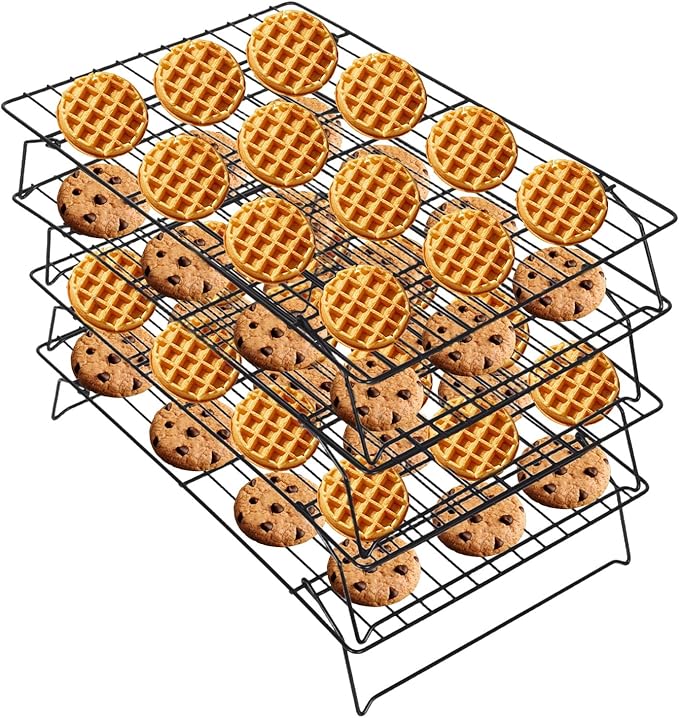 PowerKing 4-Tier Cooling Rack for Baking - 15.75" x 9.84" Stackable Stainless Steel Wire Rack, Non-Stick, Collapsible, Space-Saving Design for Cookies, Cakes, and More, Gifts for Baking Enthusiasts