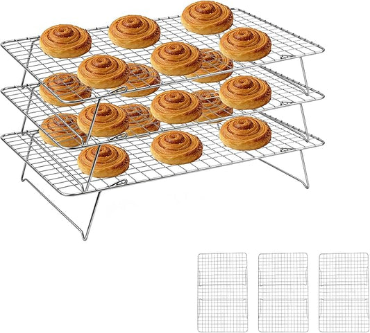 Cooling Rack, 3 Tier Stackable Cooling Racks for Cooking Baking Roasting, Multi-Level Collapsible Cookie Rack for Cakes, Oven Safe & Easy Clean (Silver, 3-Tier)