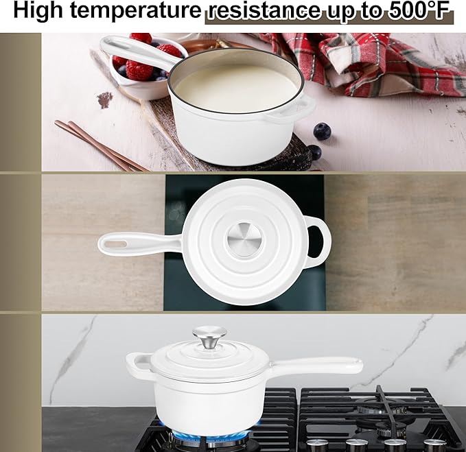 3 Quart Saucepan with Lid, Leonyo Enameled Cast Iron Sauce Pan, Heavy Duty Cast Iron Pot Dutch Oven Kitchen Cookware for All Cooktops Making Pasta, Milk, Egg- Up to 500°F & 8Lbs, White