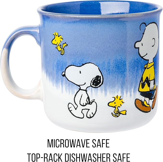 Silver Buffalo Peanuts Reactive Glaze Ceramic Camper Mug Featuring Charlie Brown, Lucy, Sally, Woodstock, and Linus, 20 Ounces