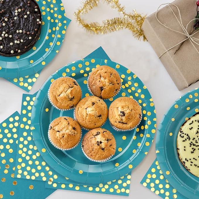 Blue Green and Gold Paper Plates,50pcs 7inch Gold Dot Party Dessert Plates,Disposable Foil Polka Dots Paper Plate for Father's Day,Independence Day,Birthday,Picnics