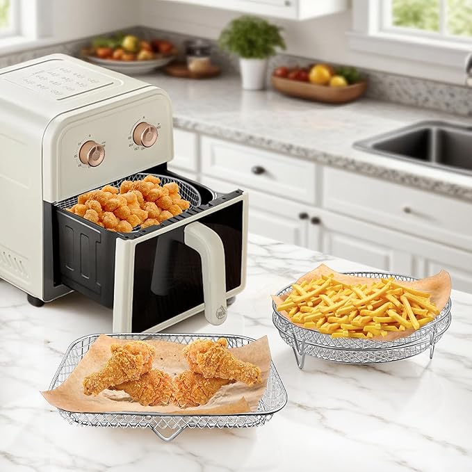 8 Inch Air Fryer Rack, 3 Layers Stainless Steel Air Fryer Basket, Stackable Cooling Racks, Air Fryer Accessories Fit for 4.2-5.8 QT Oven Press Cooker, Round