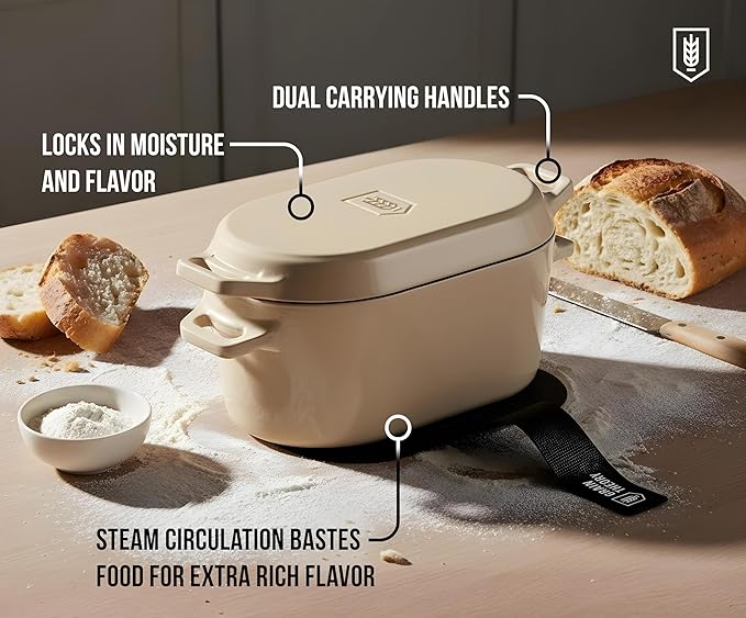 KooK Enameled Cast Iron Dutch Oven for Sourdough Bread Baking - 3.4 Qt Pot with Lid for Even Heat Distribution - Includes Silicon Bread Sling and Recipe Book for Home Bakers