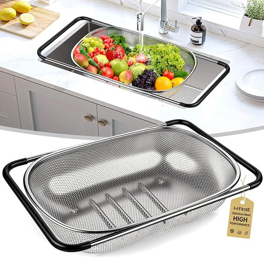 FirstE Over the Sink Colander Strainer Basket 6 Quart, Fine Mesh Stainless Steel Colander with Expandable Anti-slip Rubber Grip Handles, Kitchen Sink Vegetable Strainer for Drain Pasta, Rinse Fruits