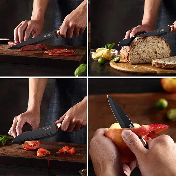 Stainless Steel Chef Knife Set, 6 Piece - Includes 8" Chef, 8" Bread, 7" Santoku, 5" Utility, 8" Carving & 3.5" Paring Knives (Black)