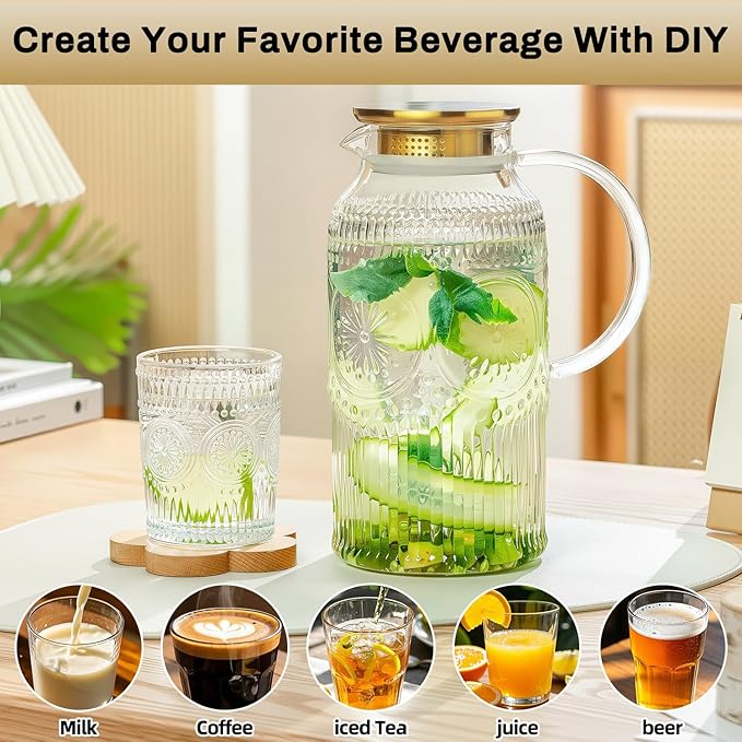 Glass Pitcher with Lid and Handle, 2 PACK 68 oz/2 Liter Vintage Embossed Sun Flower Water Pitcher, Clear Borosilicate Glass Water Carafe for Cold Brew, Iced Sun Tea,Beverage, Heat Resistant