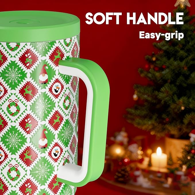 Meoky 40 oz Christmas Tumbler with Handle and Straw, Xmas Tumbler with Lid and Straw, Insulated Stainless Steel Travel Mug, Christmas Gifts for Women Men Adults (Snowy Santa)