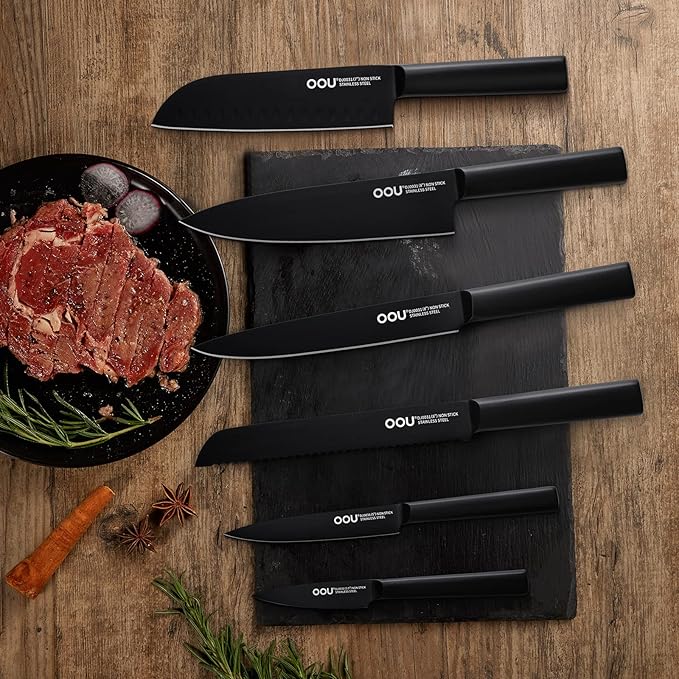 OOU Knife Set with Block and Sharpener, 6 Pcs High Carbon German Steel Kitchen Knife Block Set, Dishwasher Safe Knife Set for Small Kitchen, Space-Saving, Anti-Rust