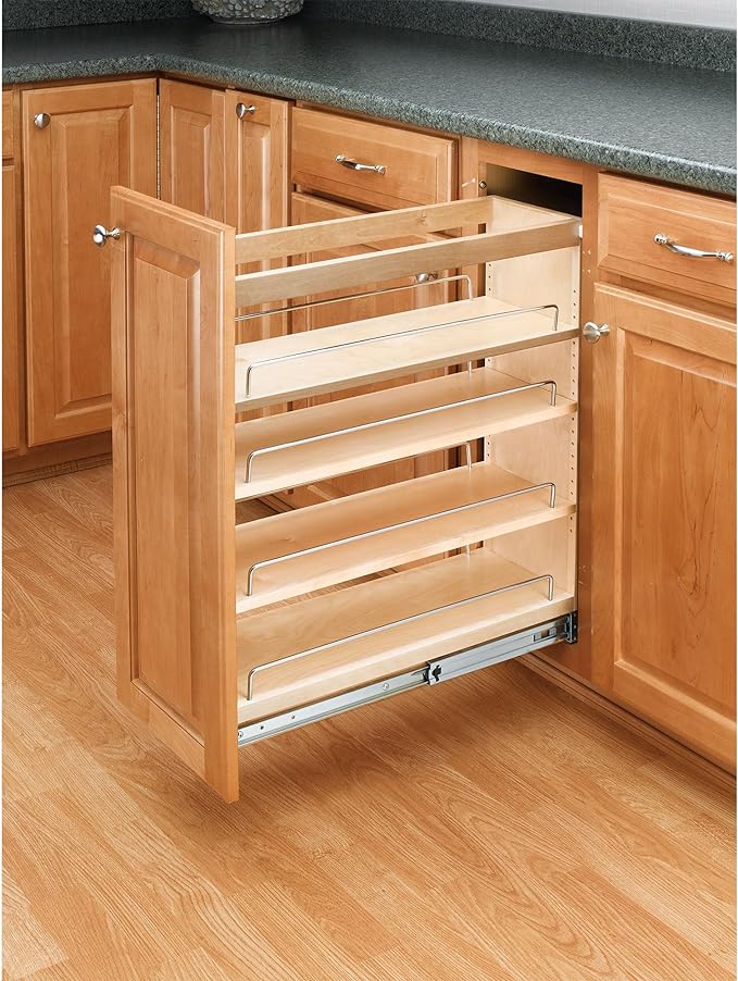 Rev-A-Shelf 5" Wood Pullout Kitchen Cabinet Organizer for 5.5" W Opening - Spice Caddy & Seasoning Rack Sliding Storage with Adjustable Shelves for Pantry Organization, 448-BC-5C