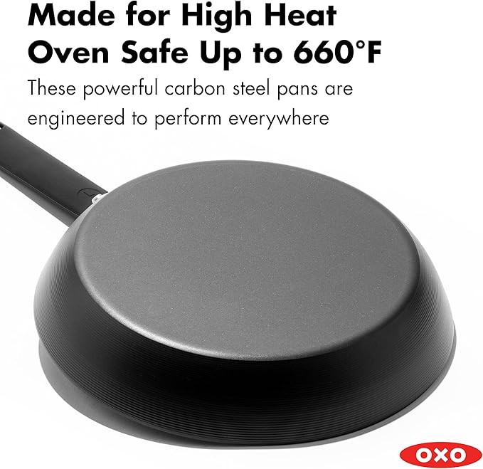 OXO Obsidian Pre-Seasoned Carbon Steel, 8" Frying Pan Skillet with Removable Silicone Handle Holder, Induction, Oven Safe, 1.8 Liters, Black