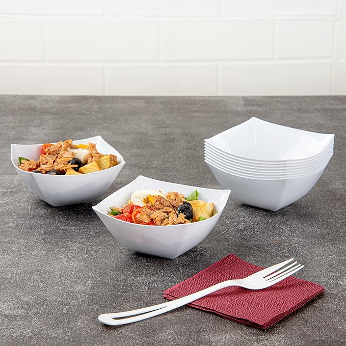 Restaurantware Moderna 8 Ounce Fancy Plastic Bowls 10 Square Disposable Salad Bowls - Durable Heavy-duty White Plastic Bowls For Warm And Cold Foods (Pack of 3)