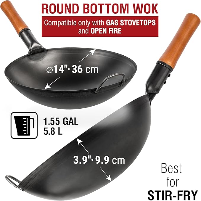 YOSUKATA Carbon Steel Wok Pan 14 in + Premium Wok Cover 14 inch Pan Lid - Wooden Lid 14 in with Ergonomic Handle