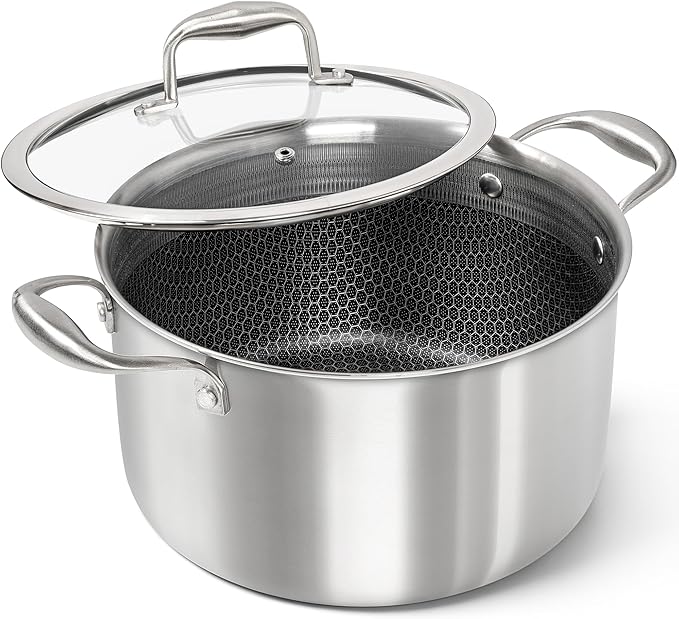 MICHELANGELO Tri-ply Stainless Steel Stock Pot with Lid - 6 Quart, Nonstick Cooking Pot with Honeycomb Interior, Heavy Duty Stockpot, Compatible with All Cooktops