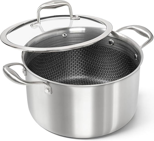 MICHELANGELO Tri-ply Stainless Steel Stock Pot with Lid - 6 Quart, Nonstick Cooking Pot with Honeycomb Interior, Heavy Duty Stockpot, Compatible with All Cooktops