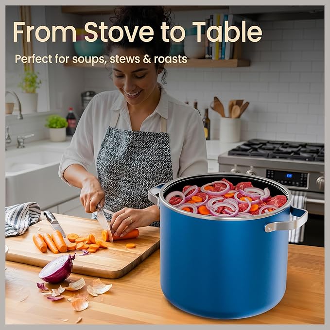 Bakken 12.5 Quart Ceramic Coated Stock Pot with Lid, Easy Clean Nonstick Pot, Tempered Glass Lid, Riveted Stainless Steel Handles, Oven Safe Up To 500°F, PTFE & PFAS Free, All Stove Compatible, Blue