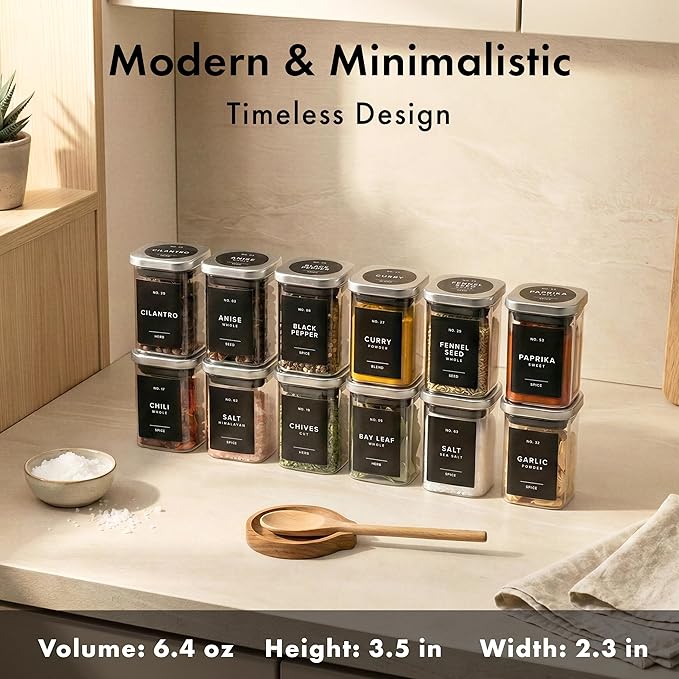 Glass Spice Jars with Steinless Seel Lids (12 x 6.4oz) Glass Spice Containers, Square Spice Jars with Labels 160, Seasoning Jars Organizer for Kitchen & Pantry