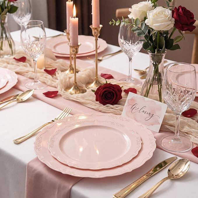 U-QE 100PCS Mauve Pink Plastic Plates for Party - Plastic Plates Disposable Heavy Duty - Pink Easter Plates for Party Including 50PCS 10.25'' &50PCS 7.5''