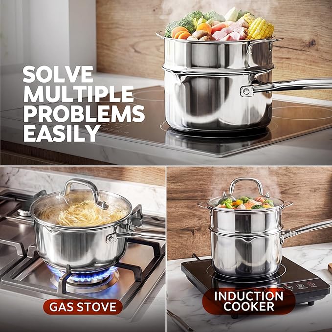 2-in-1 Tri-Ply Steamer & Saucepan Set - 2.5 Qt Stainless Steel Sauce Pan with Pour Spouts, Steamer Insert & Strainer Glass Lid - Compatible with All Stovetops Including Induction