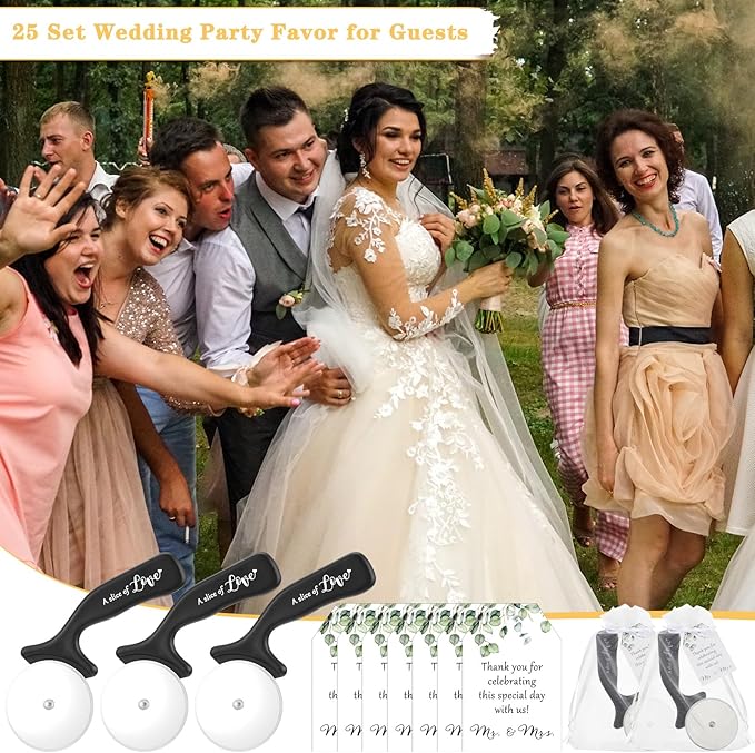 25 Set Wedding Party Favor for Guests Include a Slice of Love Stainless Steel Pizza Cutter Thank You Cards and Organza Gift Bags Pizza Cutter Wheels for Bridal Shower Return Gifts