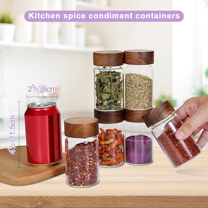 Glass Spice Jars Seasoning Containers Small Glass Jars with Lids Airtight Food Storage Canister for Kitchen Pantry Sugar Tea Coffee Bean Nuts Cookies Herbs Salt (6oz(177ml)*6 pack)