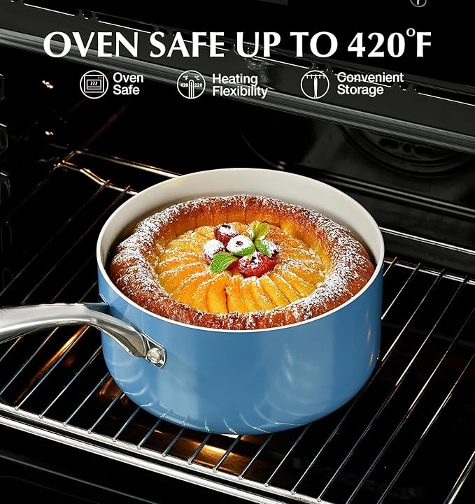 KOCH SYSTEME CS Nonstick Sauce Pan with Lid 1QT, 2QT & 3QT, Non-Toxic Ceramic Saucepan Set, Blue Sauce Pan Set, Multipurpose Cooking Pots Set, Compatible induction