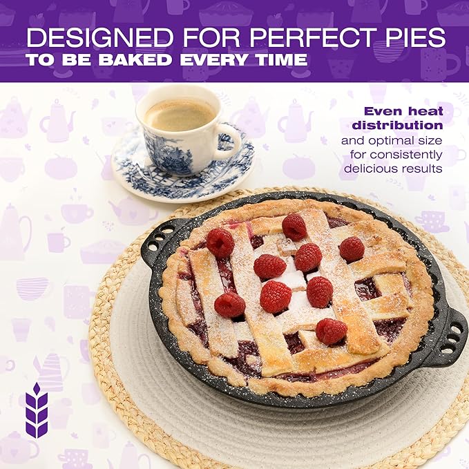 KUHA Cast Iron Pie Pan | Pre-Seasoned Round Cast Iron Pan for Apple, Pumpkin & Cherry Pies, Quiche & Tarts | For Baking & Serving | Silicone Trivet Included | 9", 2" Deep